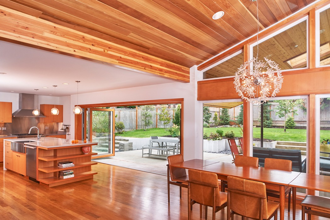 Modern Living Room Vaulted Ceiling Stained Wood