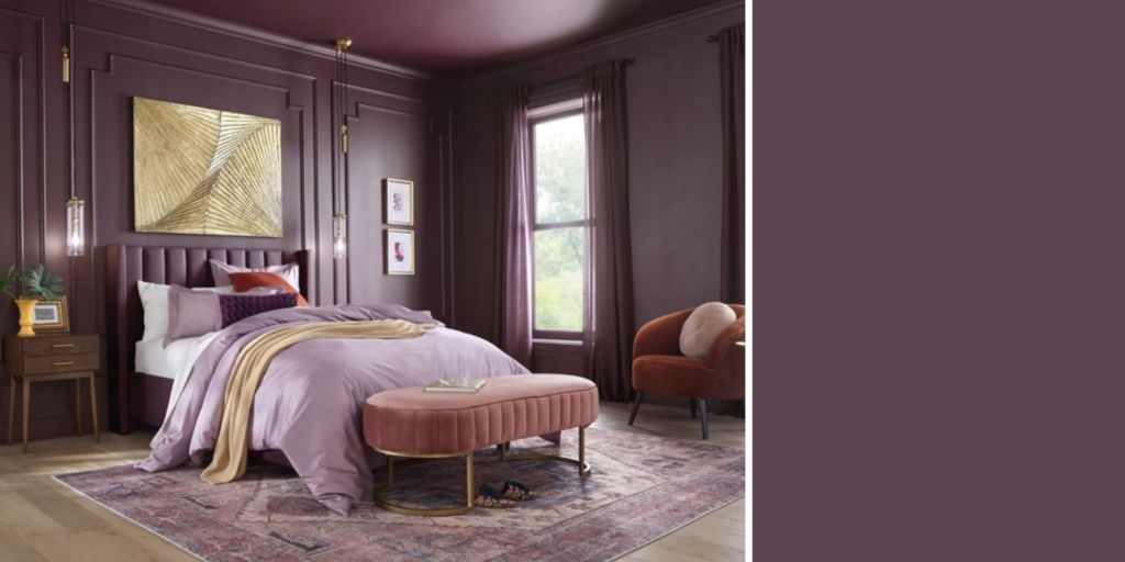 Glidden paint color Purple Basil swatch and bedroom interior