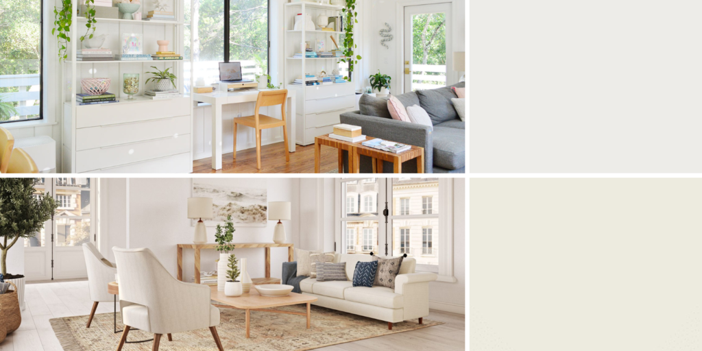 Sherwin-Williams Pure White & Alabaster paint swatches and interior living rooms