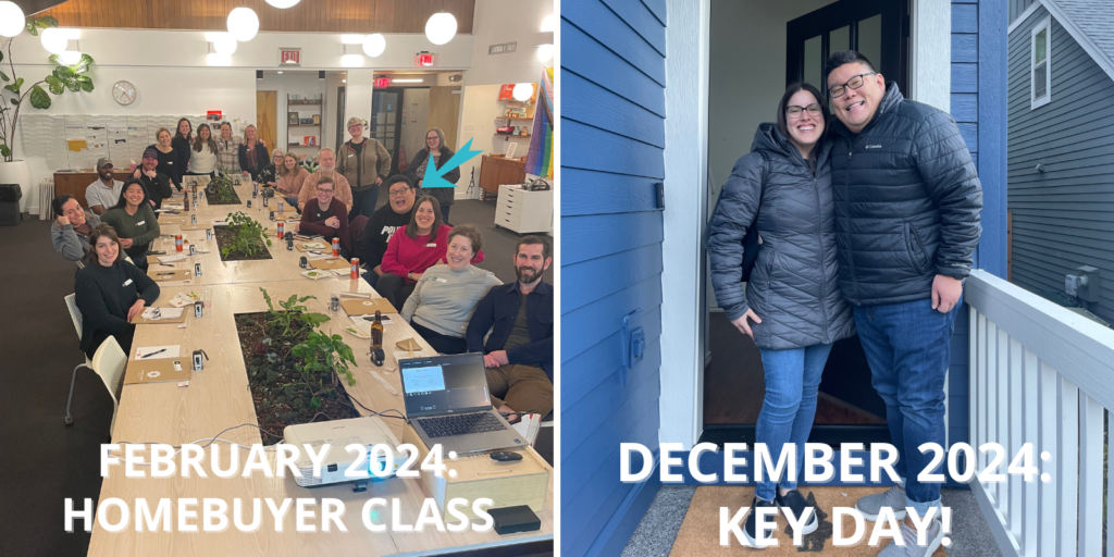 Photo of a homebuyer class with an arrow pointing to a particular couple (left), that same couple standing on the porch of their new home (right)